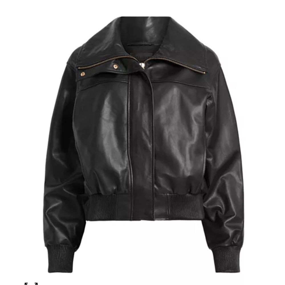 Sleek Black Leather Bomber Jacket with Ribbed Cuffs